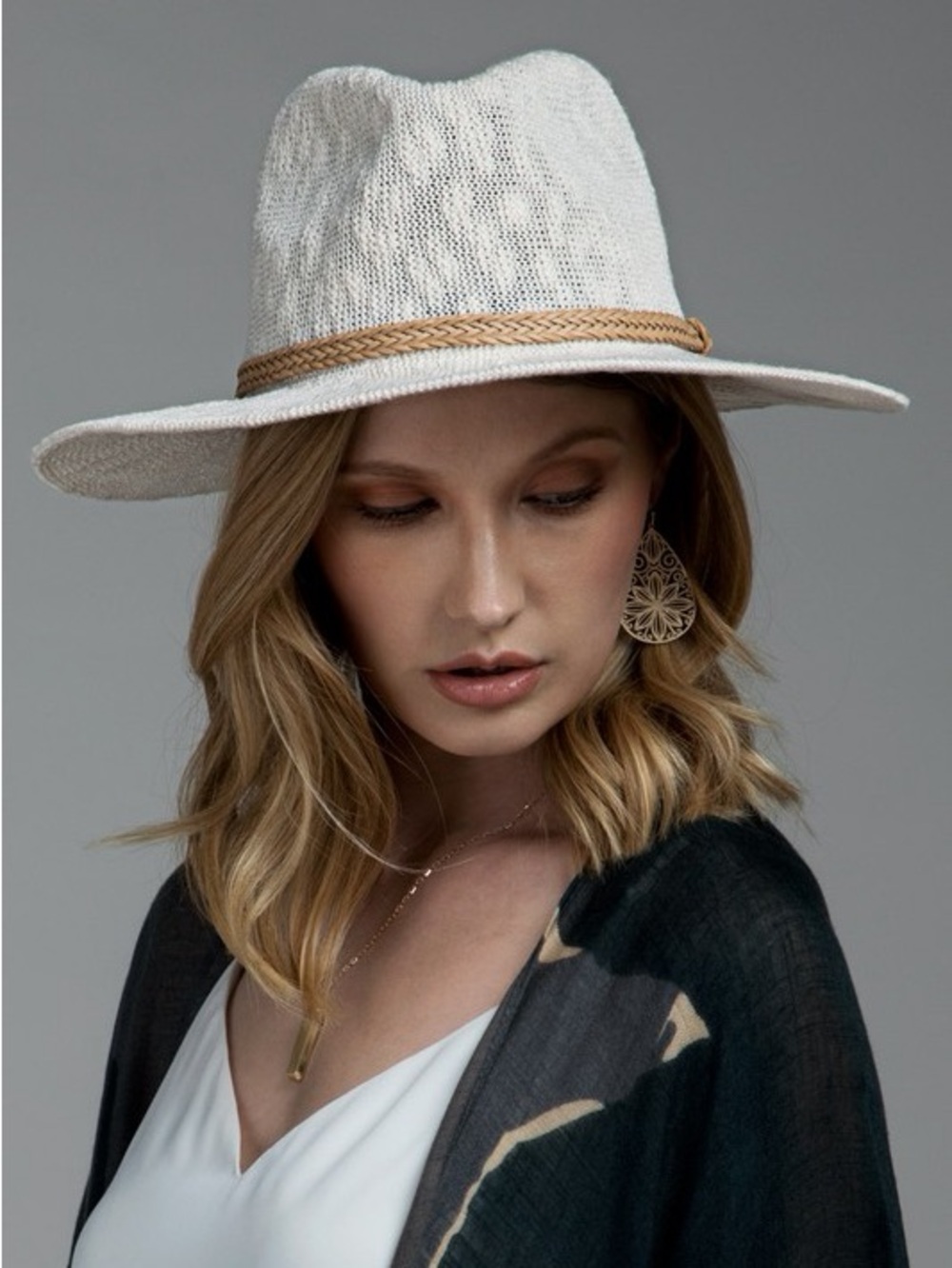 Classic White Straw Fedora with Braided Tan Band